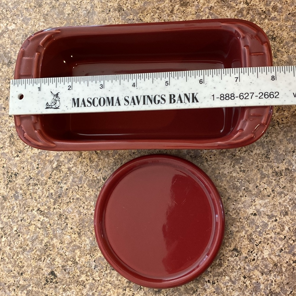 Longaberger Pottery Paprika Red Woven Traditions Small Loaf Pan, Pint Crock, Lid - Picture 3 of 14